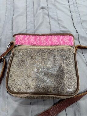 Leather Crossbody Bag with Pink Lace Accent